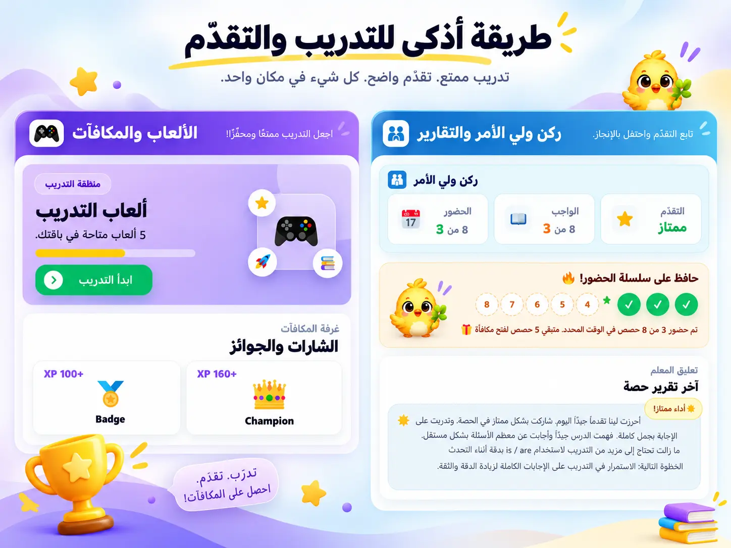 لوحة Kids Dashboard في New Grasp للتدريب والتقدم