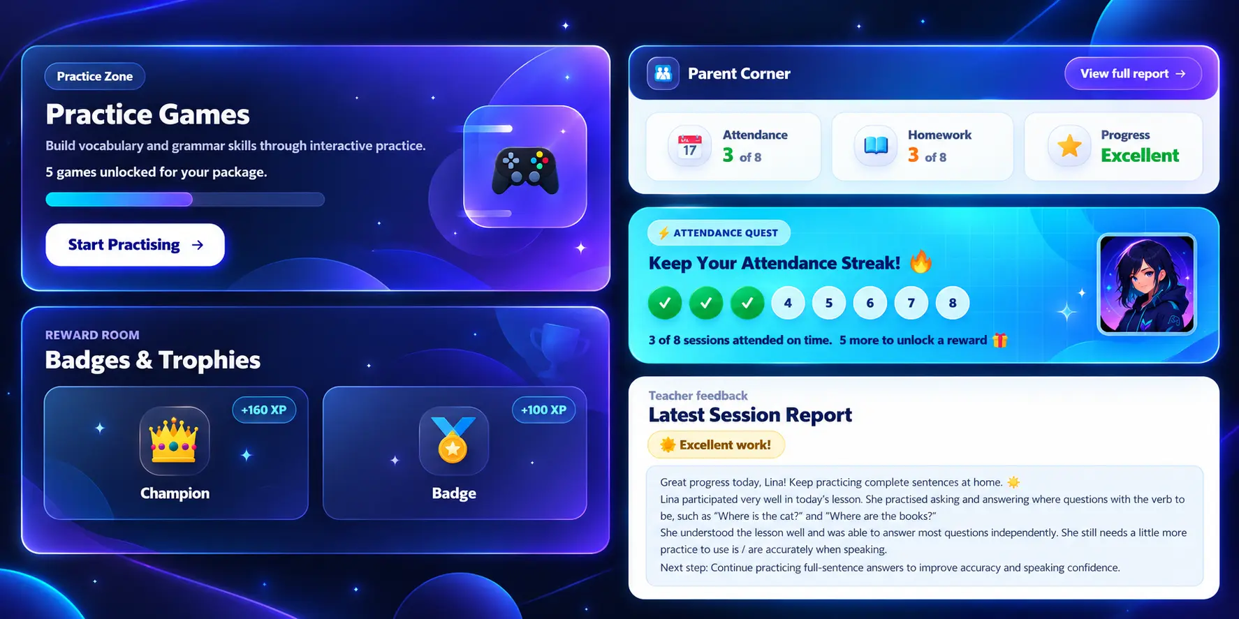 New Grasp Kids Dashboard practice games and rewards
