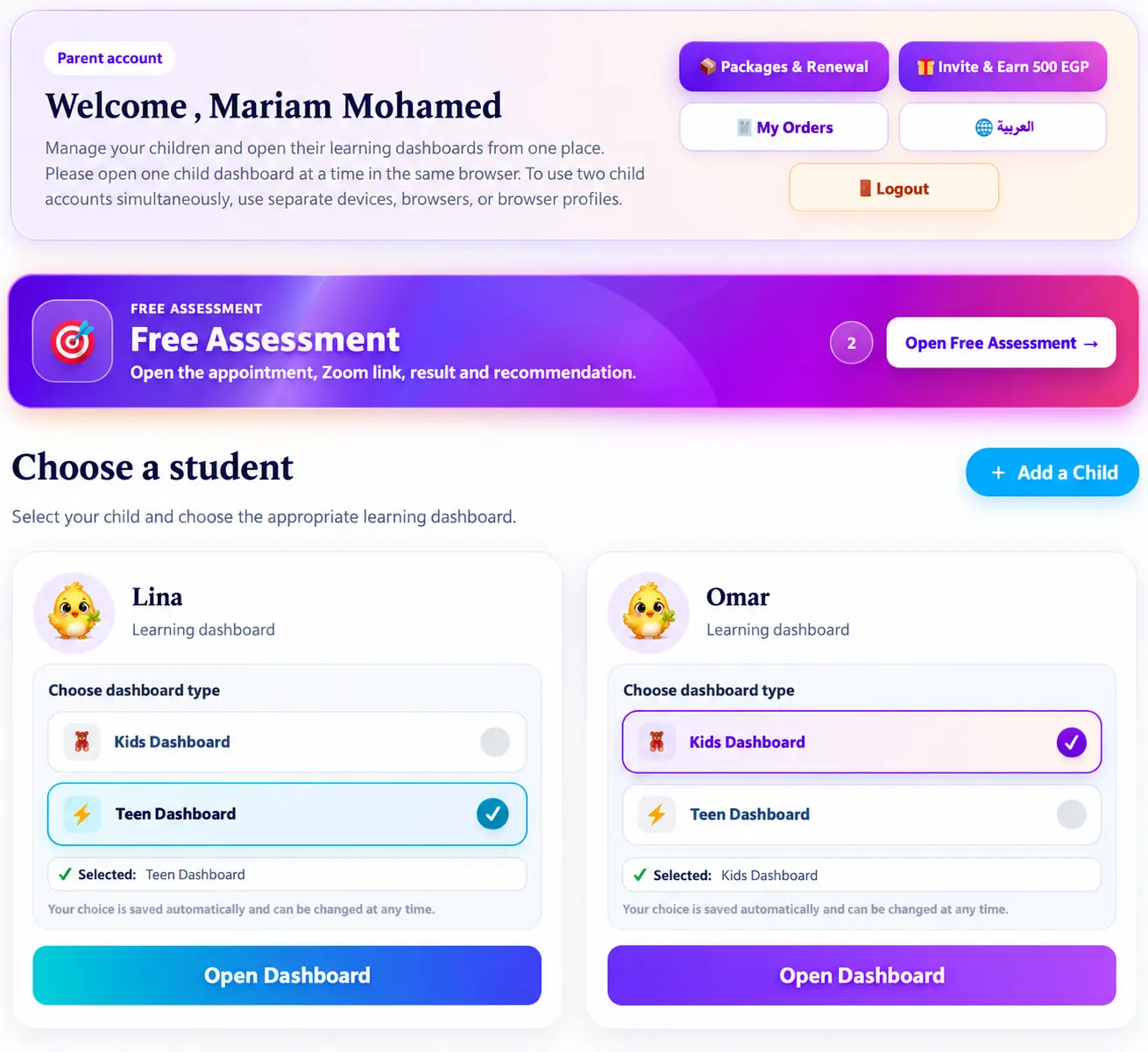 New Grasp Parent Learning Dashboard