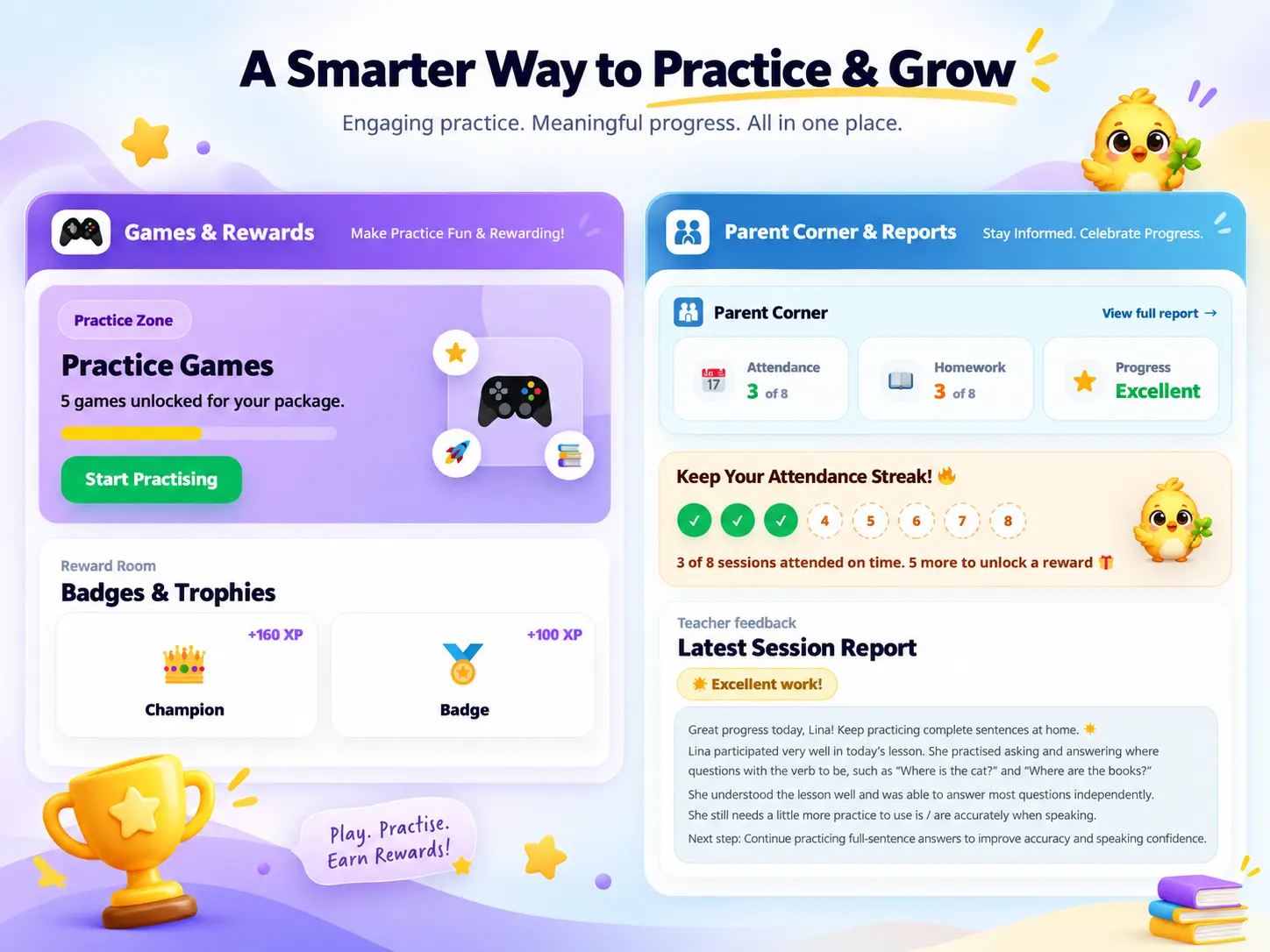 New Grasp Kids Dashboard showing learning tasks and progress